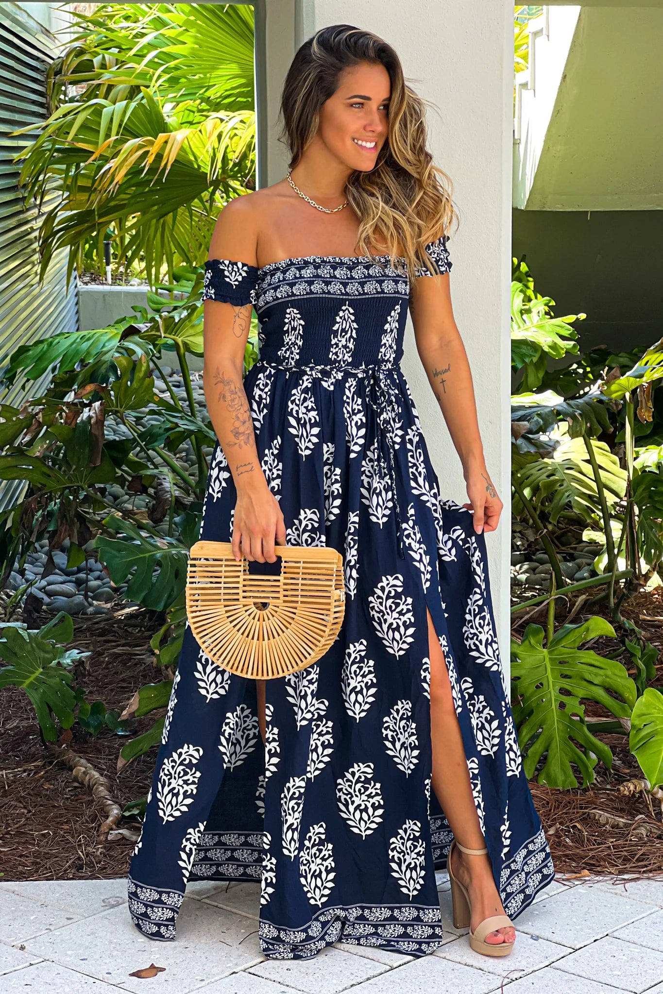 Navy Printed Off Shoulder Maxi Dress With Tie Waist