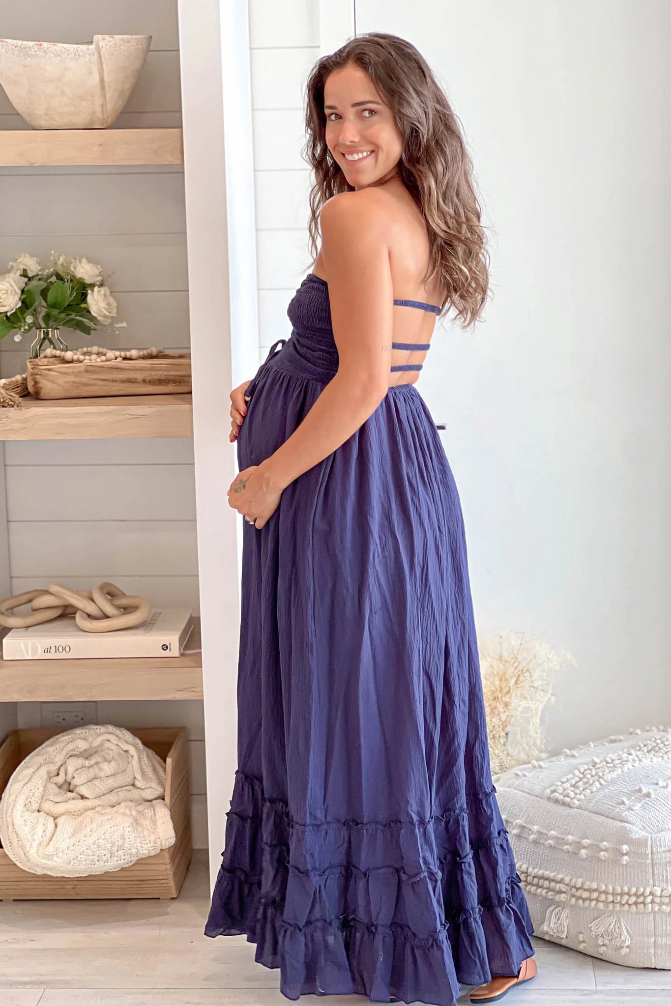 Navy Strapless Smocked Top Maternity Maxi Dress