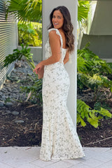 Ivory And Green Floral Maxi Dress With Slit