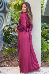 Dark Wine Puff Sleeve Maxi Dress With Slit