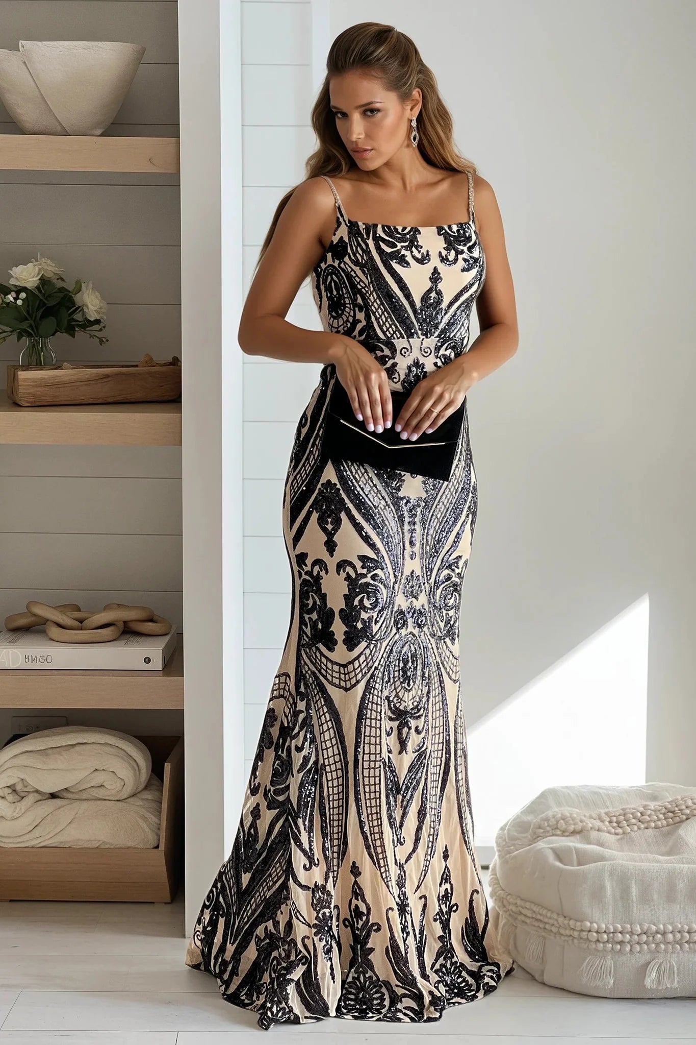 Black And Nude Square Neck Sequined Maxi Dress