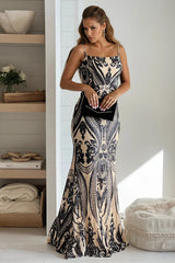 Black And Nude Square Neck Sequined Maxi Dress