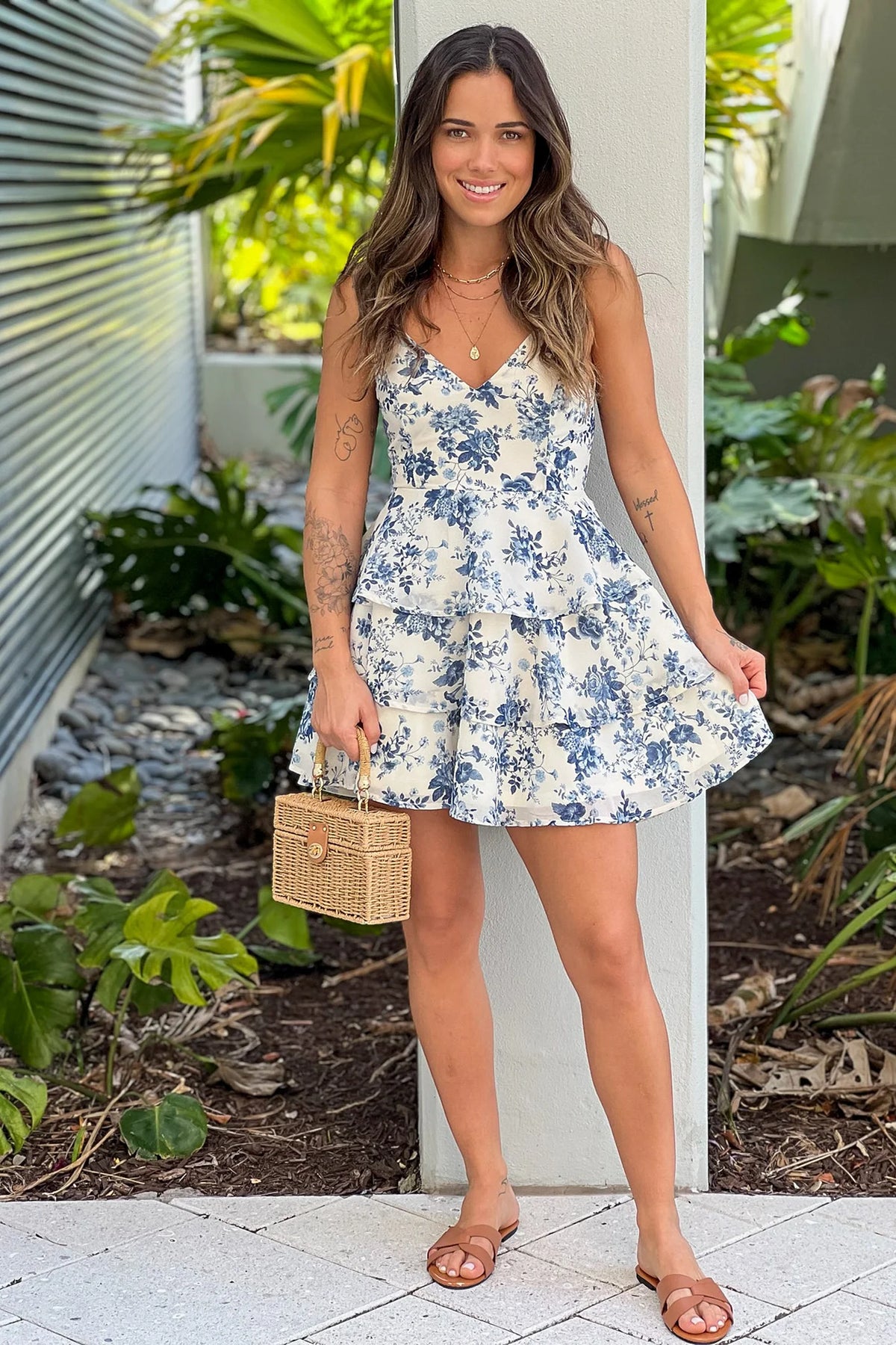 Cream And Blue Floral Skater Dress