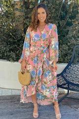 Pink Floral High Low Dress with Long Sleeves