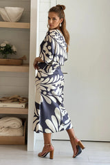 Charcoal And Cream Printed One Shoulder Satin Dress