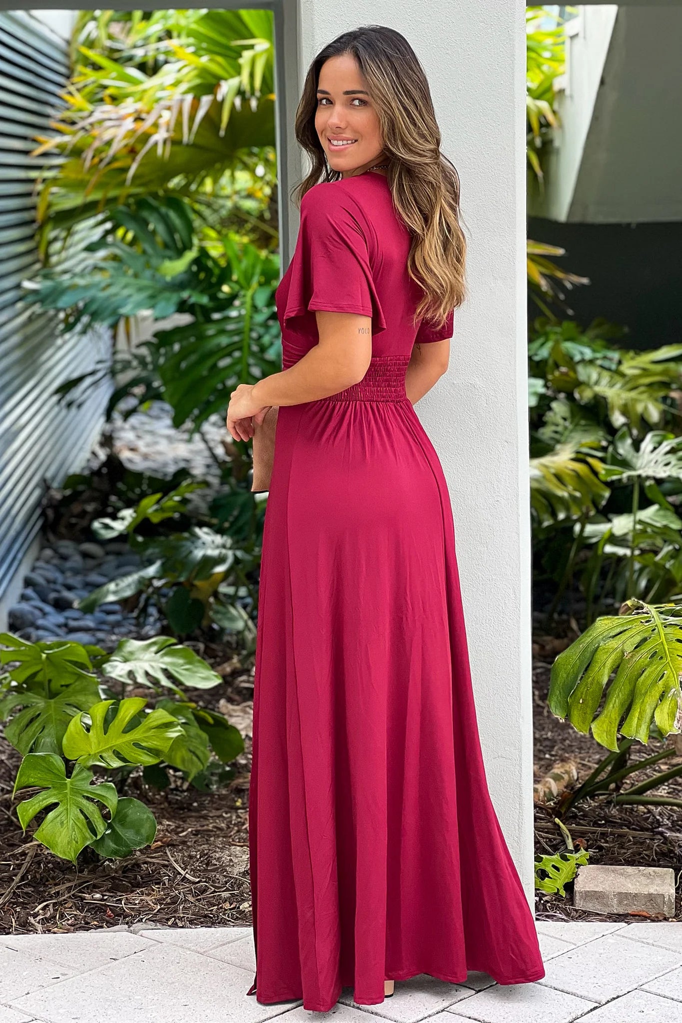 Burgundy Maxi Dress With Slit And Short Sleeves