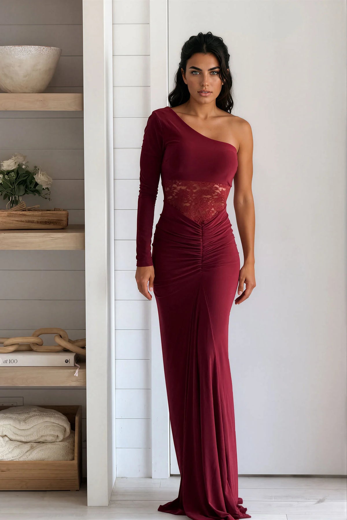 Burgundy One Shoulder Maxi Dress With Lace Detail