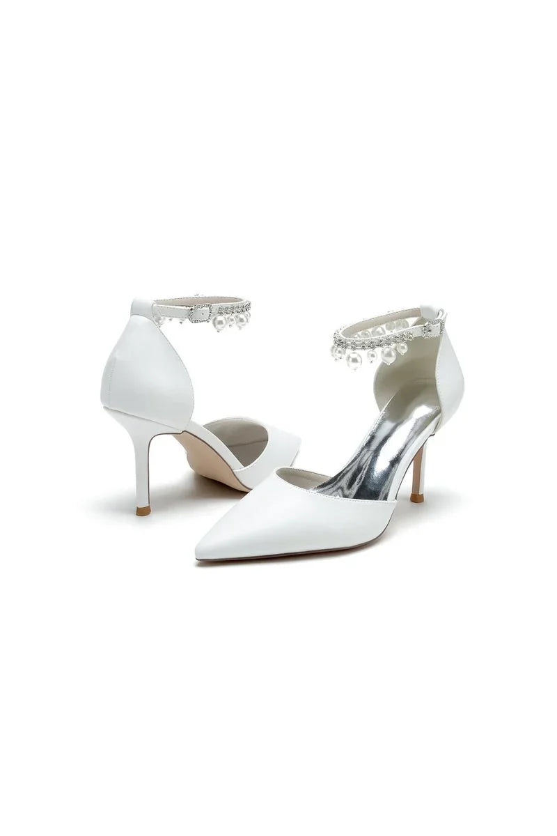 Satin Pointed Toe Pearl Beaded Ankle Strap Simple Wedding Shoes