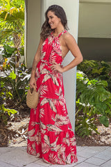 Red Printed Halter Neck Maxi Dress