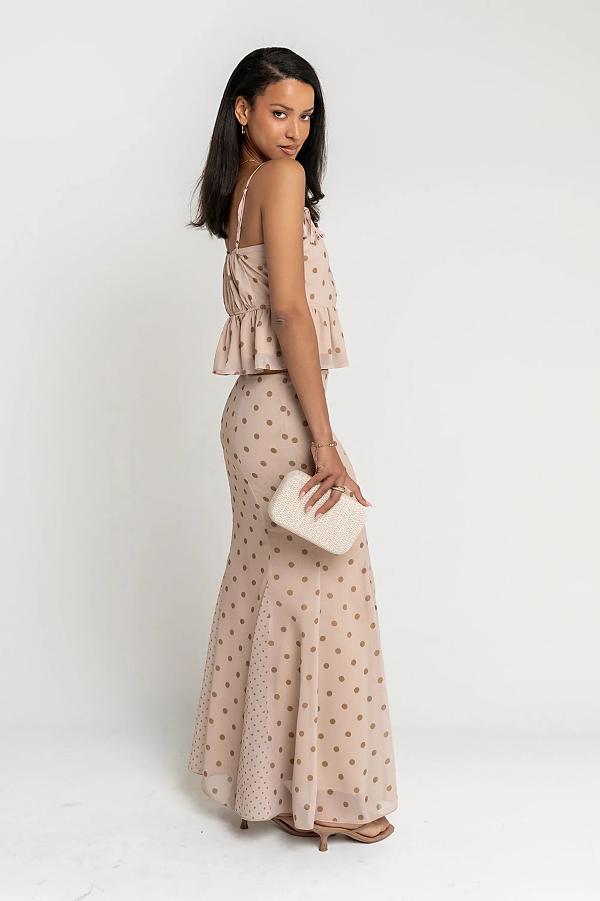 Freida Polka Dot Maxi Skirt in Taupe