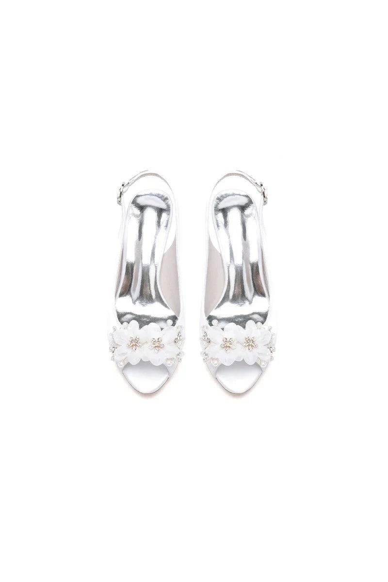 Peep Toe Slingback Beaded Chunky Wedding Shoes with Flowers