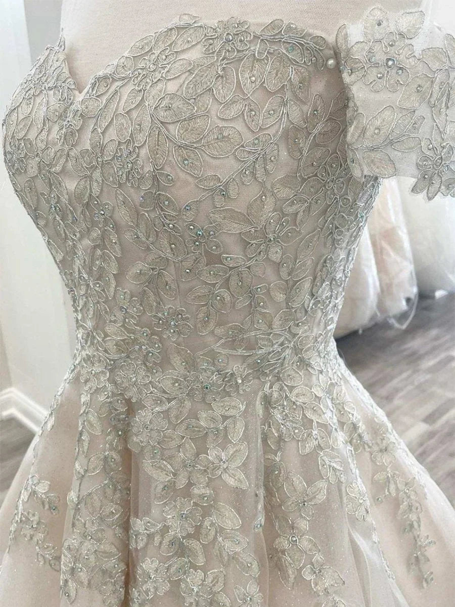 Lace White Appliques A Line Short Wedding Dress