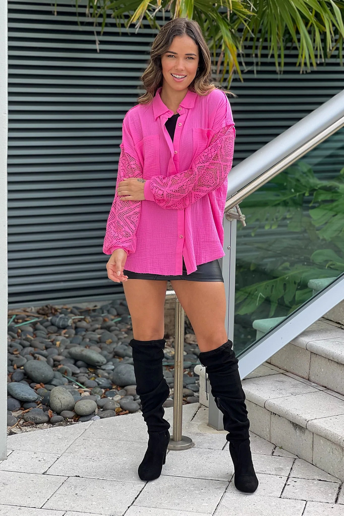Candy Pink Shirt With Crochet Sleeves