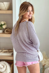 Lavender V Neck Knit Top With Long Sleeves