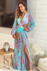 Turquoise And Pink Maxi Dress With Cut Out And Long Sleeves