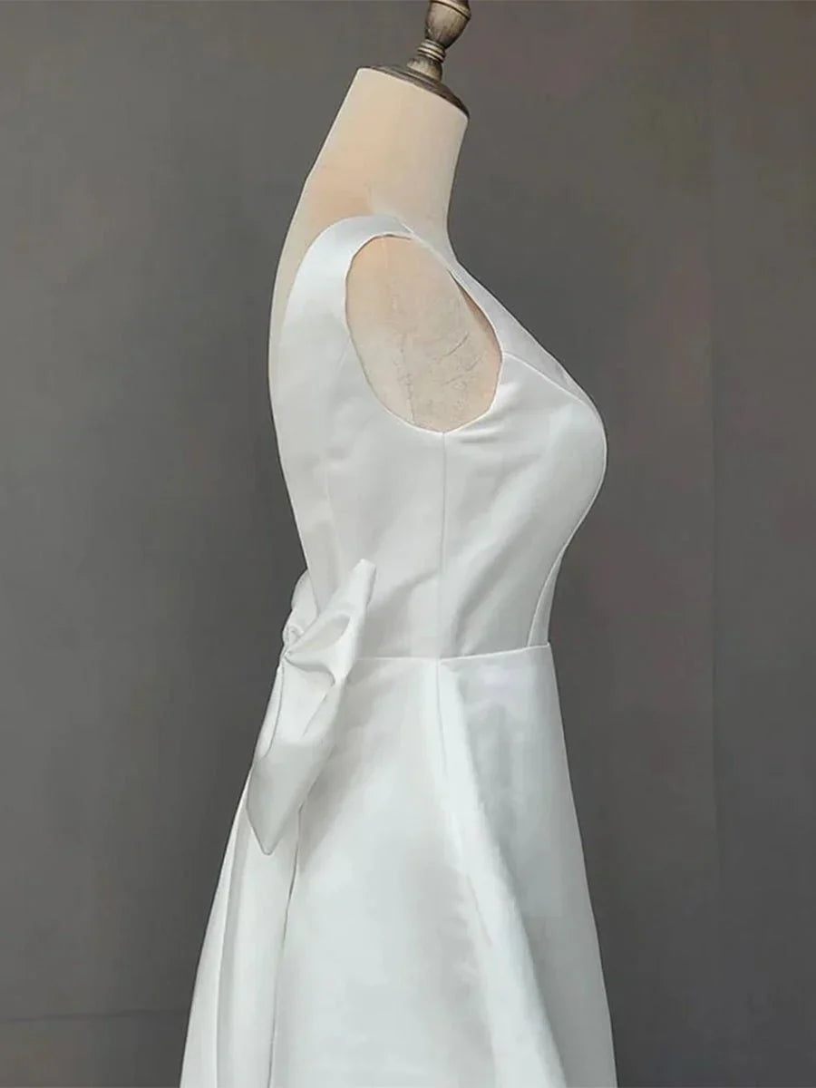 A Line Satin V Neck Short Wedding Dress with Large Bow