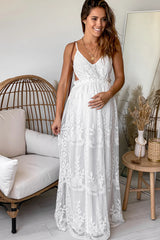 Off White Lace Maternity Maxi Dress with Crochet Top