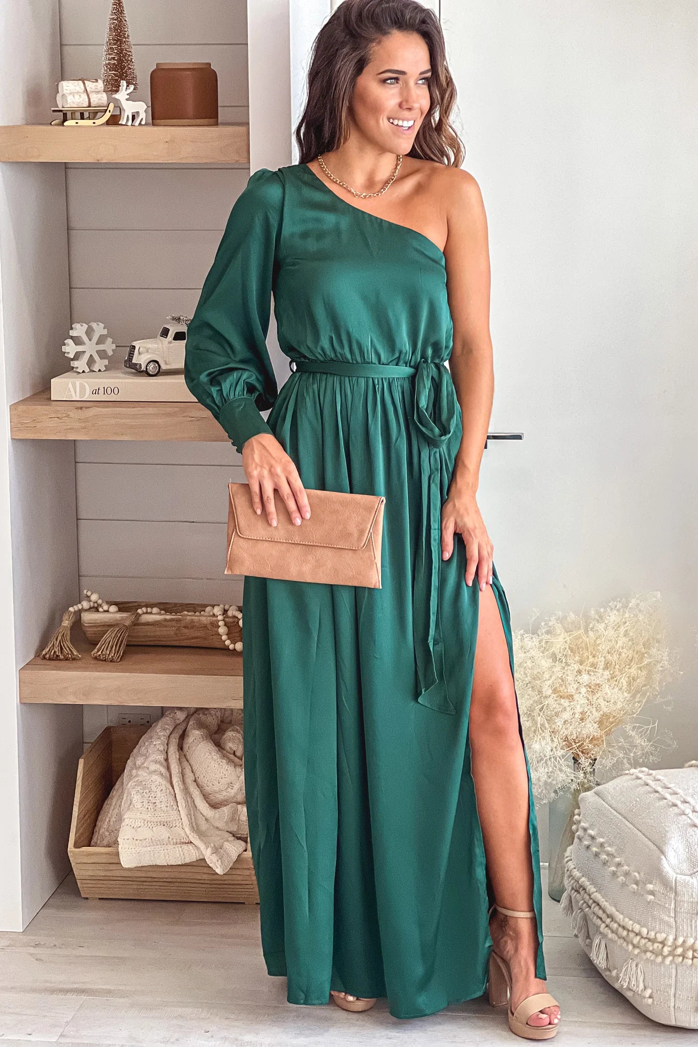 Hunter Green One Shoulder Maxi Dress
