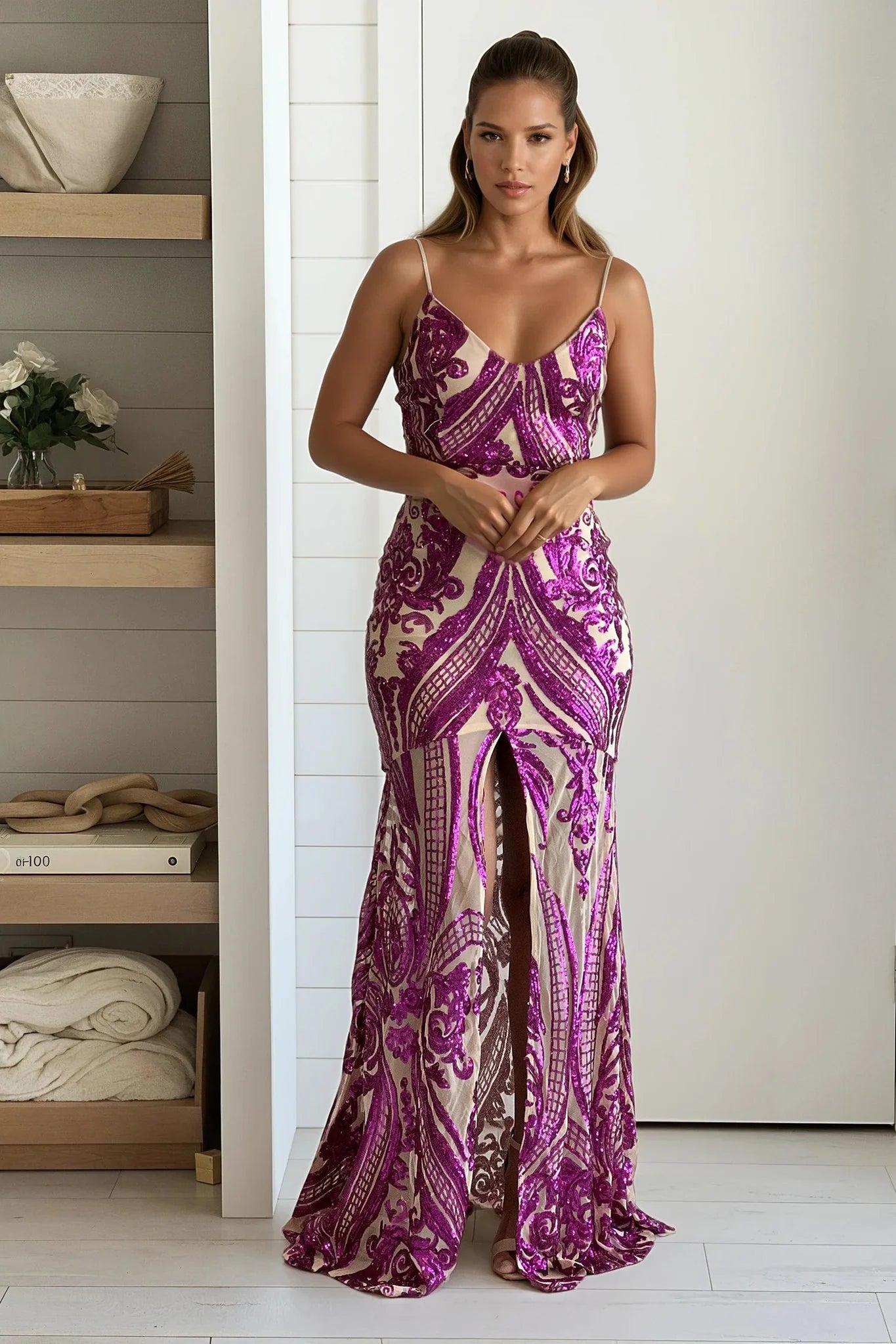 Nude And Fuchsia Sequin Maxi Dress With Front Slit