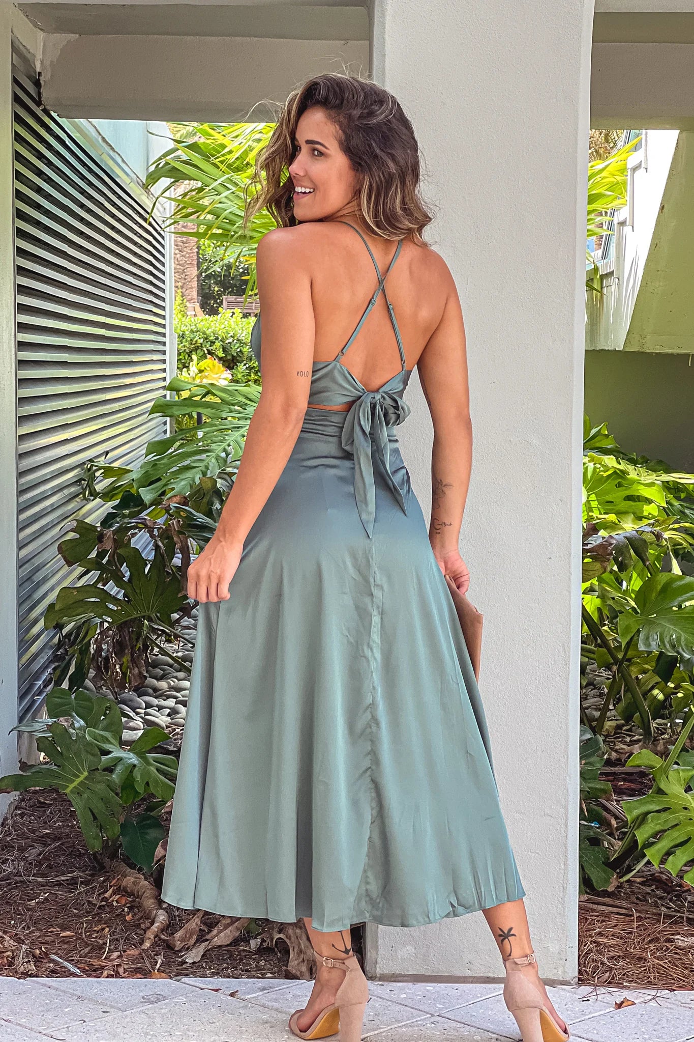 Sage Satin High Low Dress With Criss Cross Back