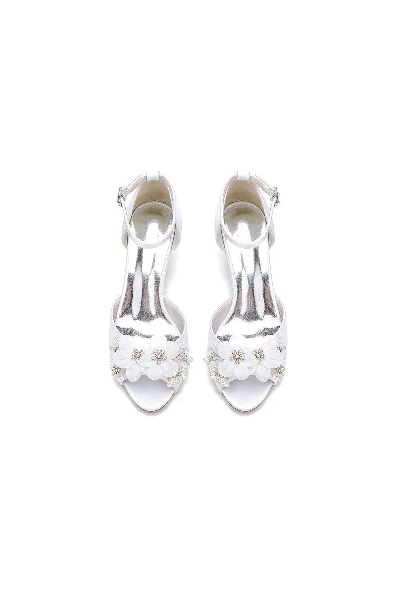Peep Toe Rhinestone Chunky Heel Pumps with Flower