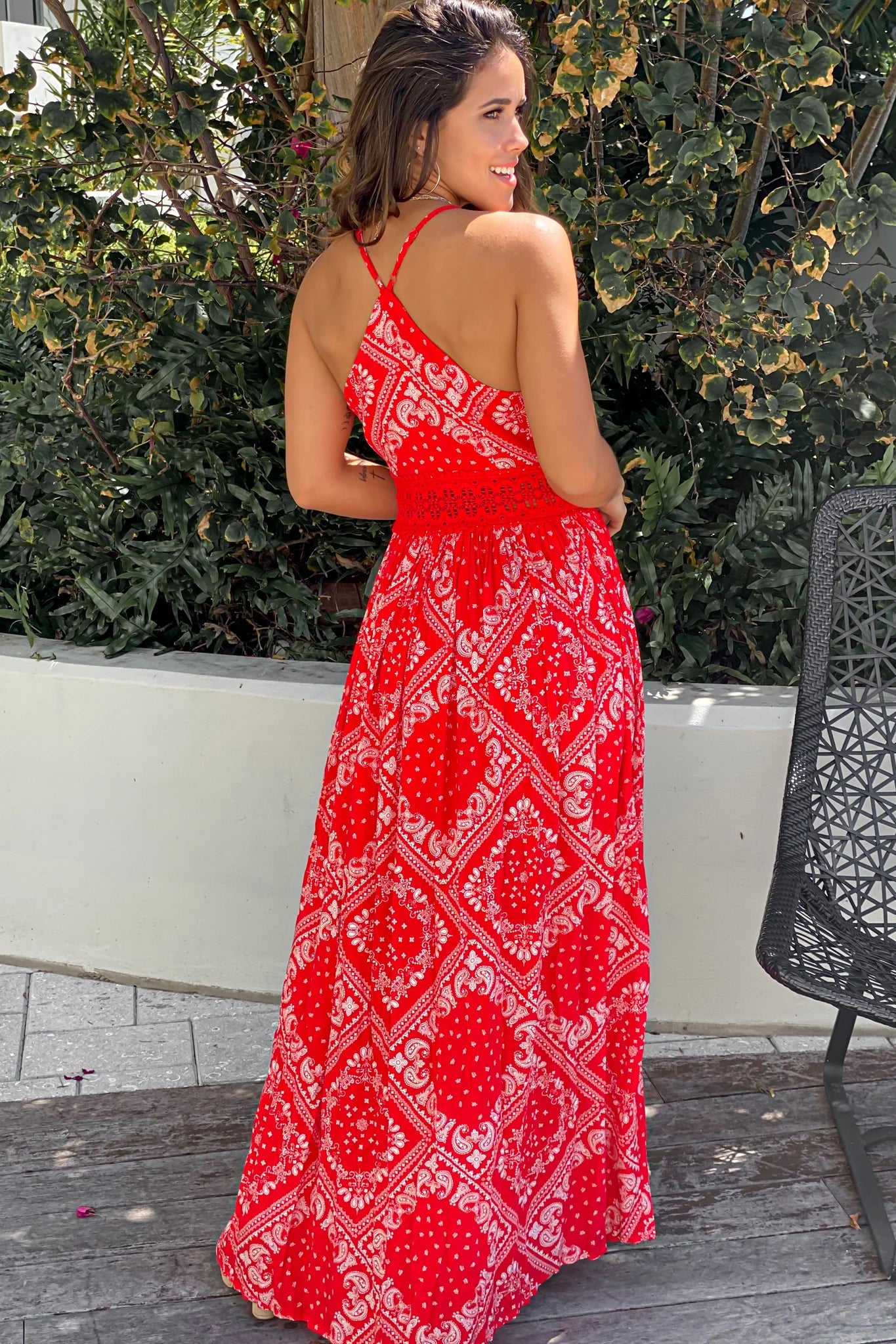 Red Printed Maxi Dress With Crochet Waist
