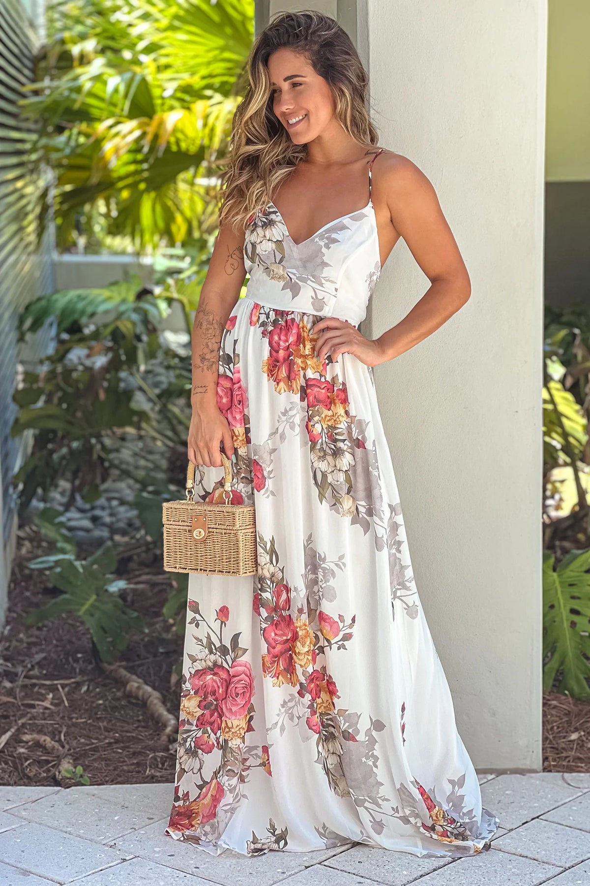 Off White Floral Maxi Dress With Lace Up Back