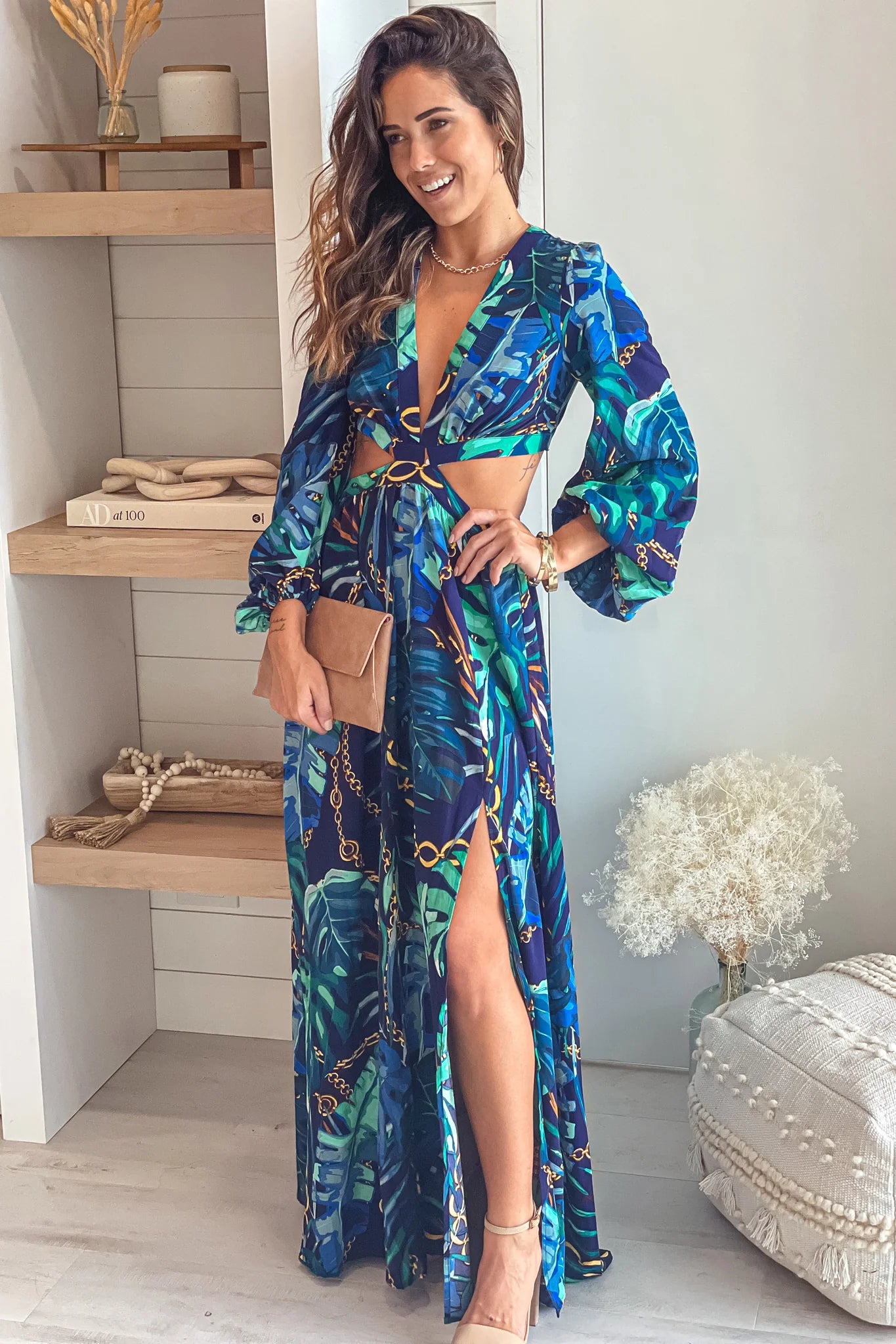 Navy Printed Maxi Dress With Cut Out
