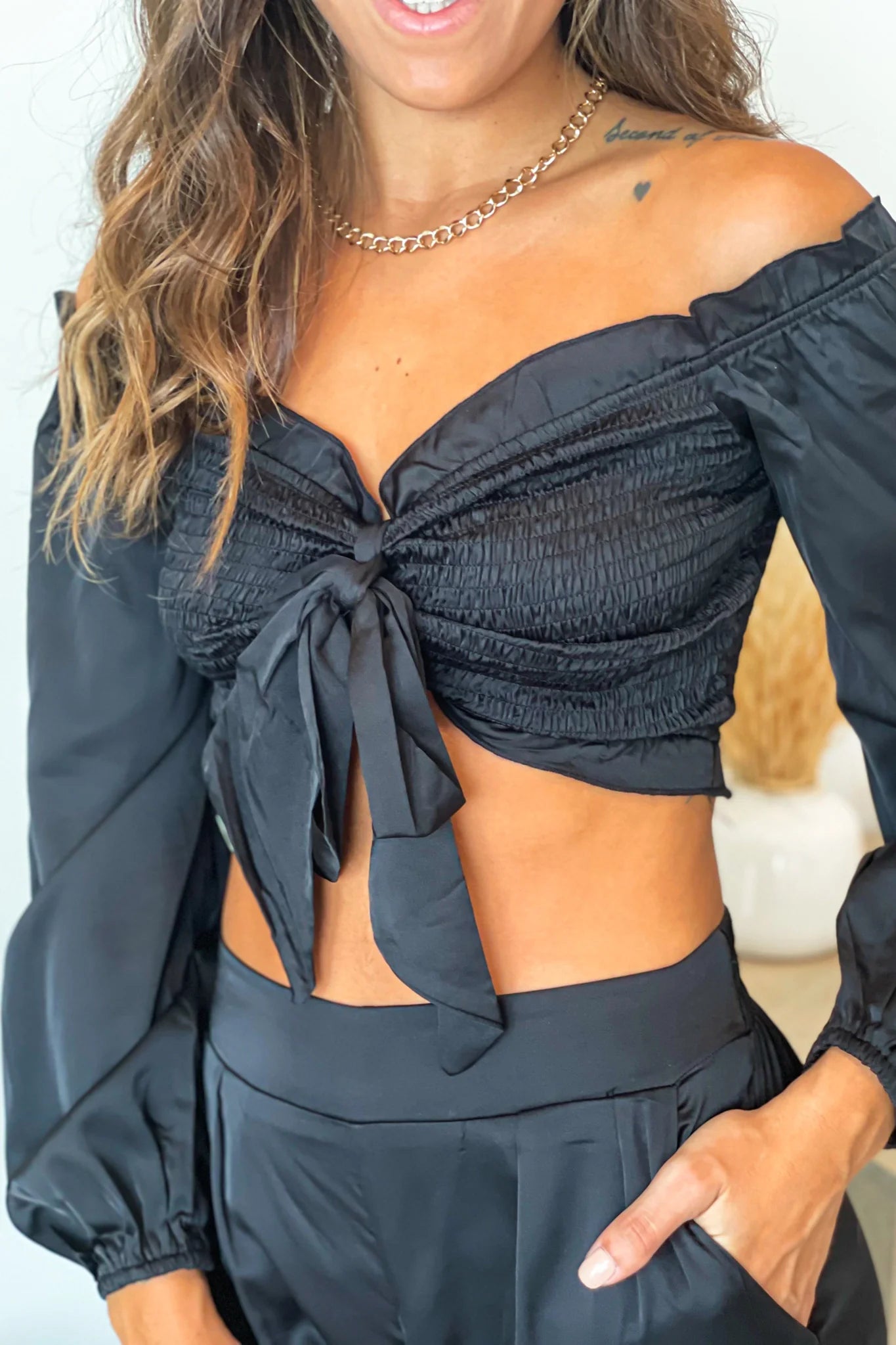 Black Satin Smocked Top and Pants Set