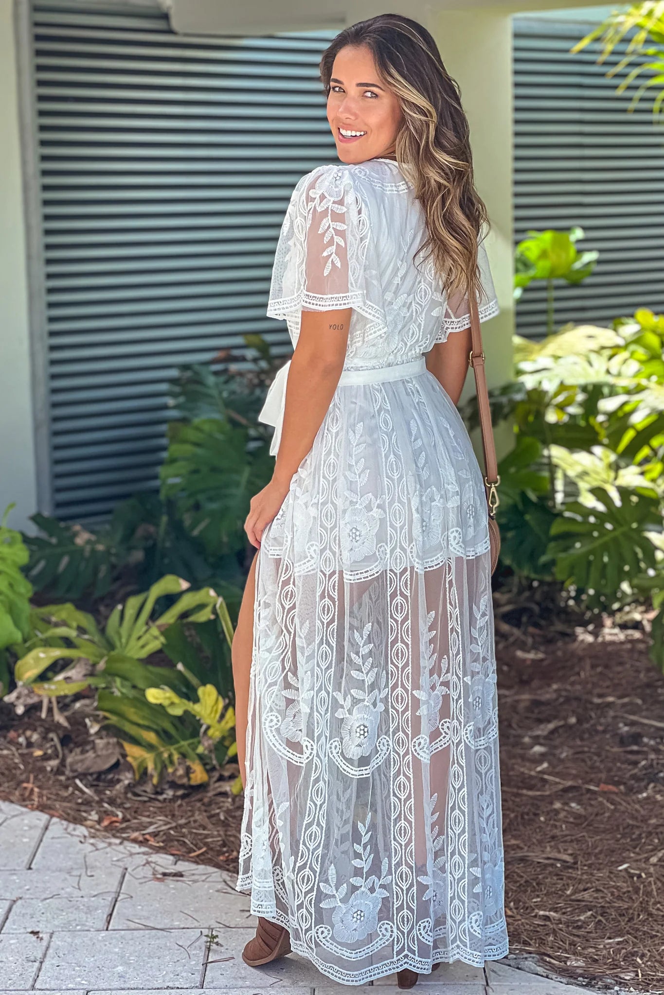 Off White Lace Maxi Dress With Slit And Tie Waist