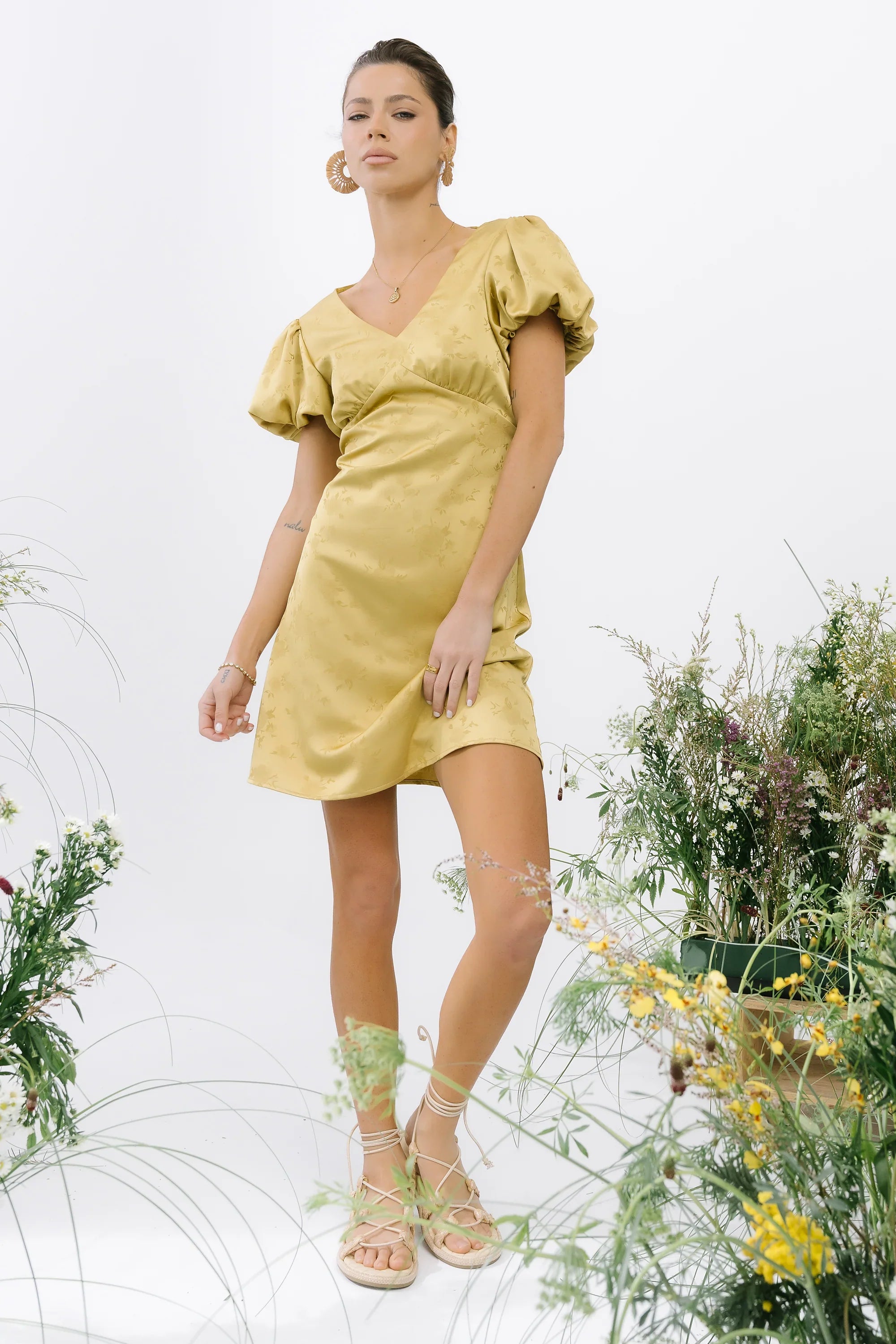 Brenna Floral Mini Dress in Chartreuse
