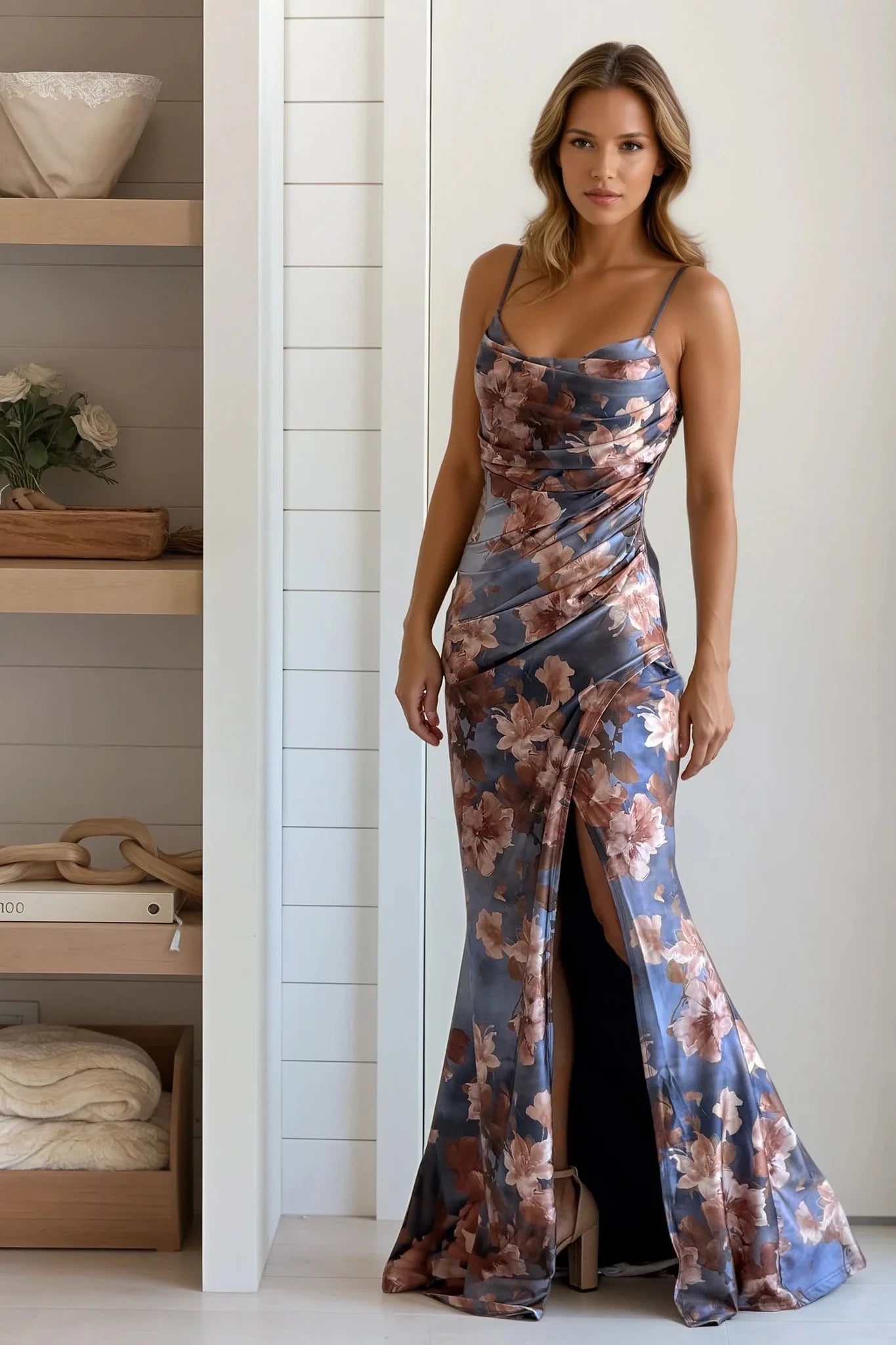 Gray Floral Pleated Wrap Mermaid Maxi Dress