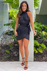Black Mock Neck Satin Wrap Dress