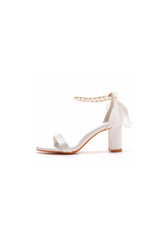 Elegant Pearl Ribbon Tie Satin Open Toe Ankle Strap Block High Heels