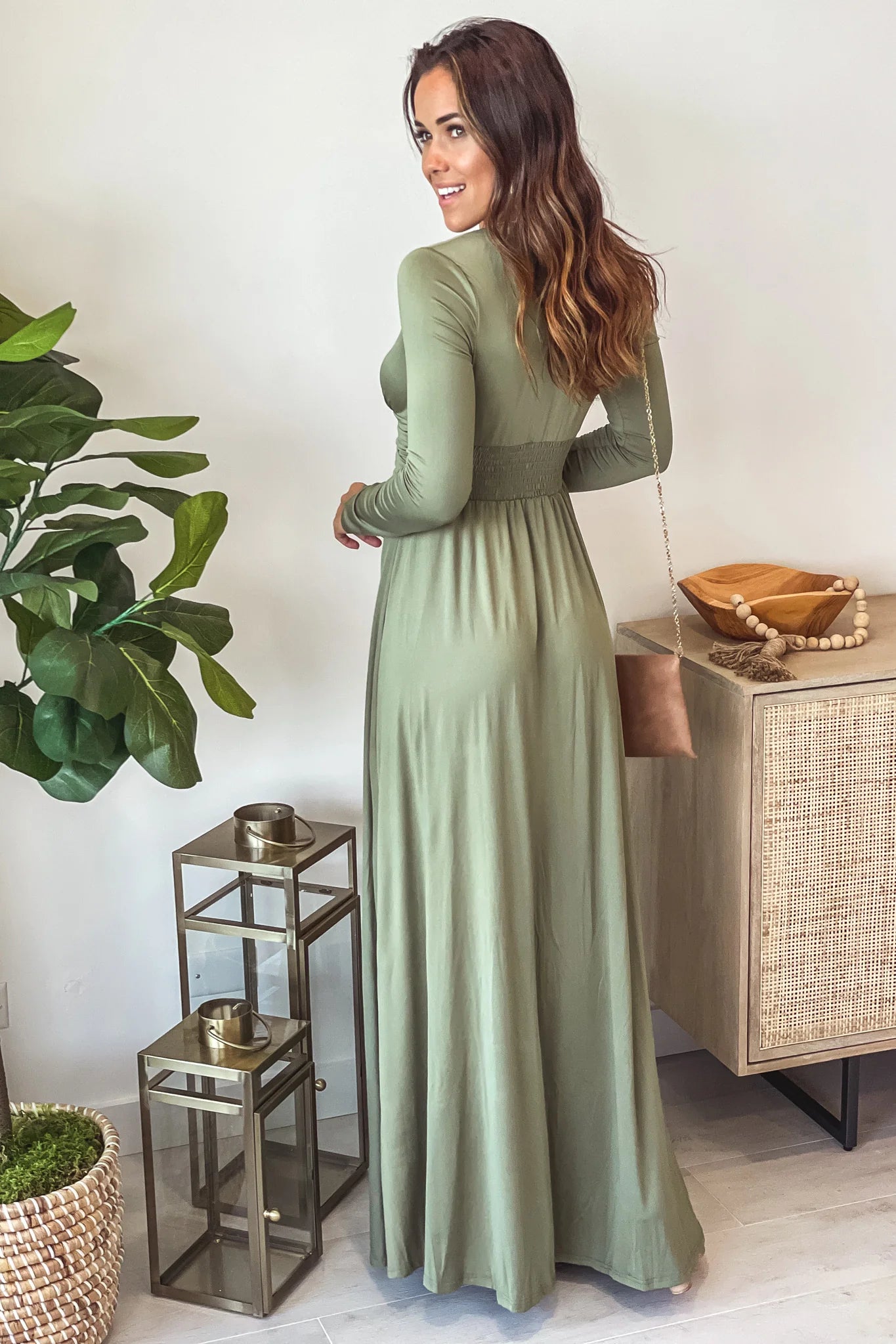 Olive V Neck Maxi Dress With Long Sleeve And Slit
