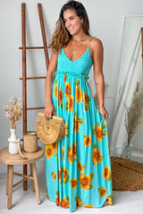 Aqua Floral Maxi Dress With Open Back