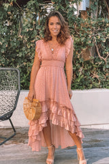 Blush Polka Dot High Low Dress with Ruffles