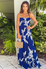 Blue And White Maxi Dress with Strappy Back