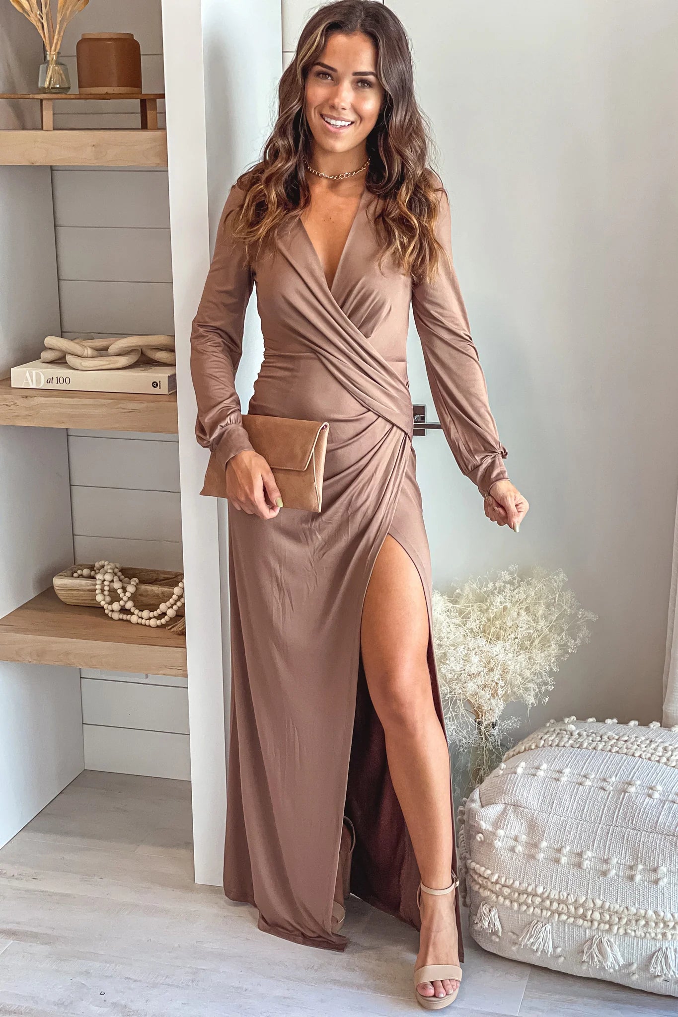 Mocha Maxi Dress with Long Sleeves and Slit