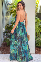 Black Tropical Print V Neck Maxi Romper With Open Back