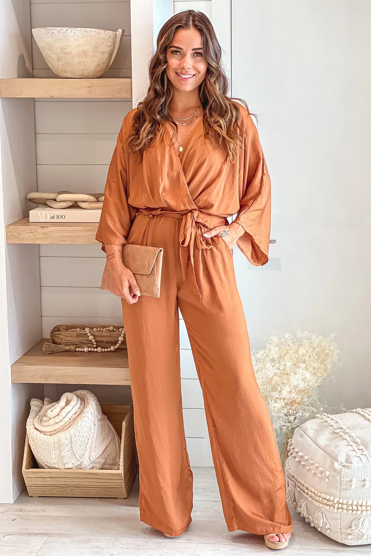Camel Satin V Neck Jumpsuit With Pockets