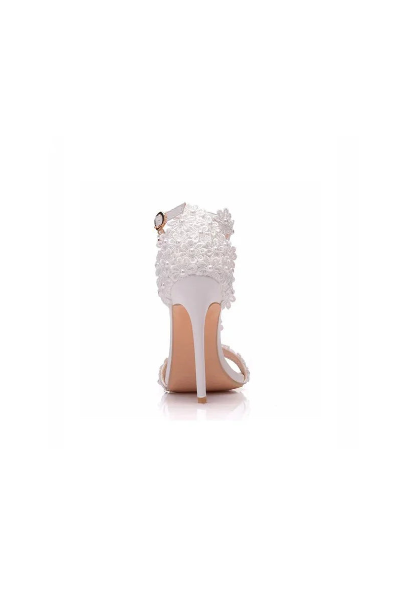White Lace Flowers Tassels Open Toe Ankle strap Ultra High Heels