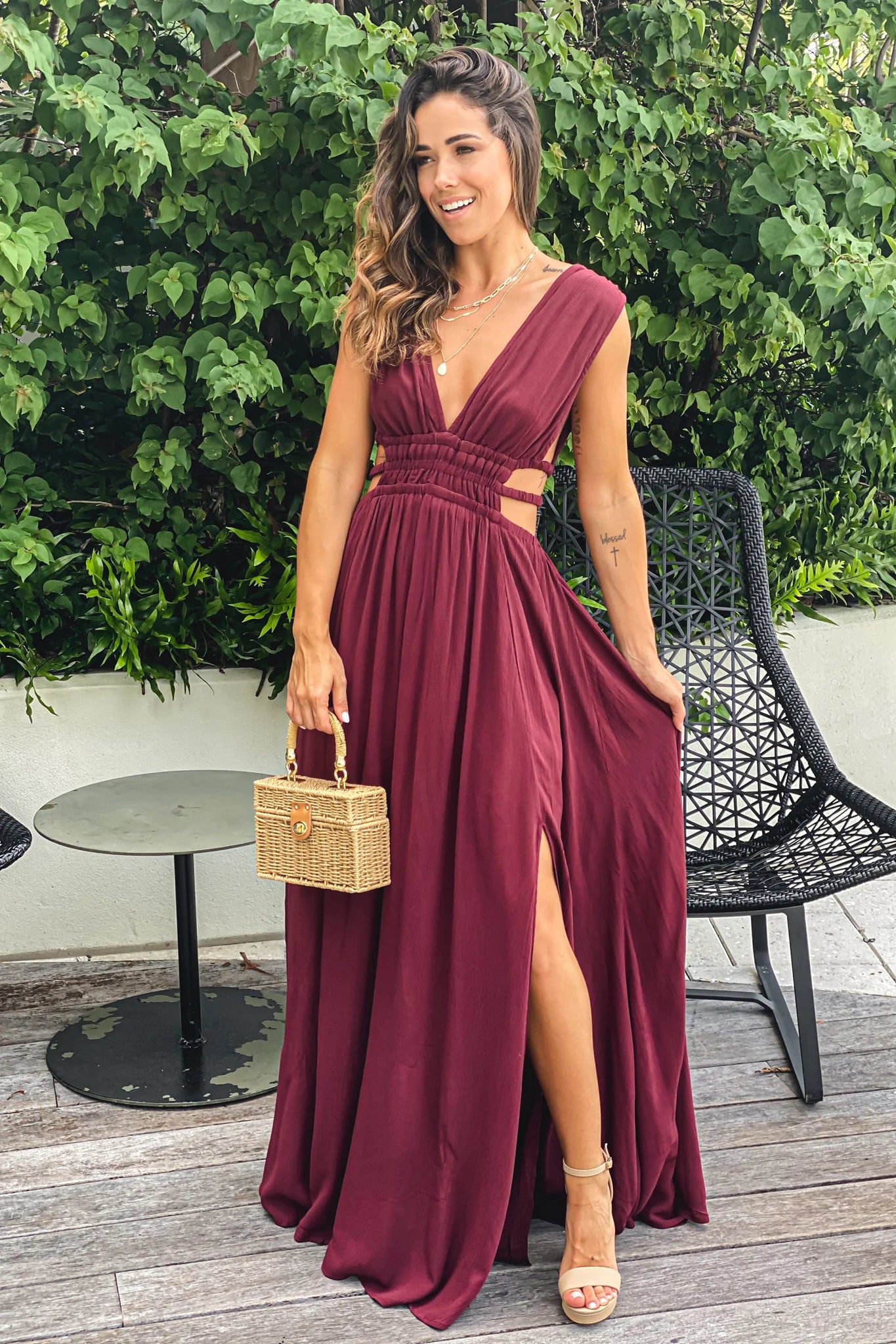 Wine V Neck Maxi Dress With Cut Out And Slit