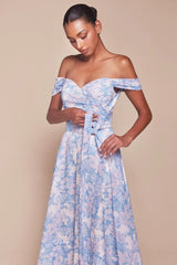TILDA GOWN BLUE OFF THE SHOULDER FLORAL PRINTED A LINE DRESS