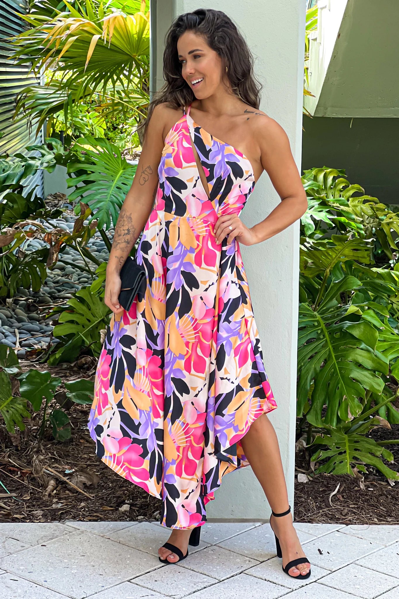Black And Purple Satin One Shoulder Midi Dress
