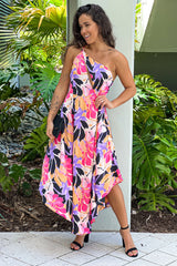 Black And Purple Satin One Shoulder Midi Dress