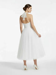 Halter A Line Tea Length Tulle Wedding Dress With Ruching