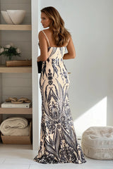 Black And Nude Square Neck Sequined Maxi Dress