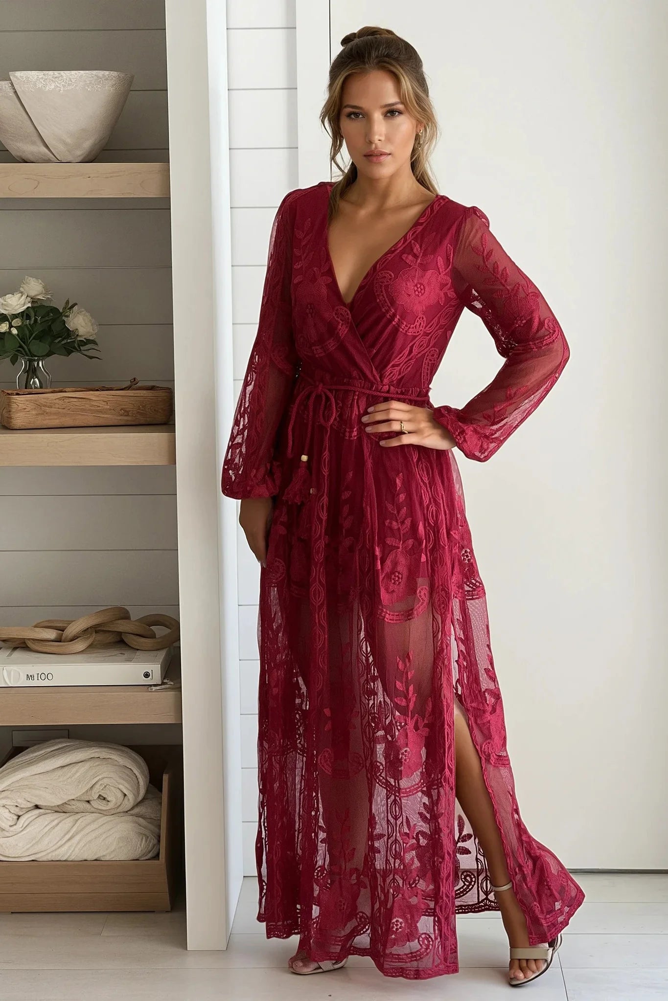 Burgundy Lace Maxi Dress With Belt