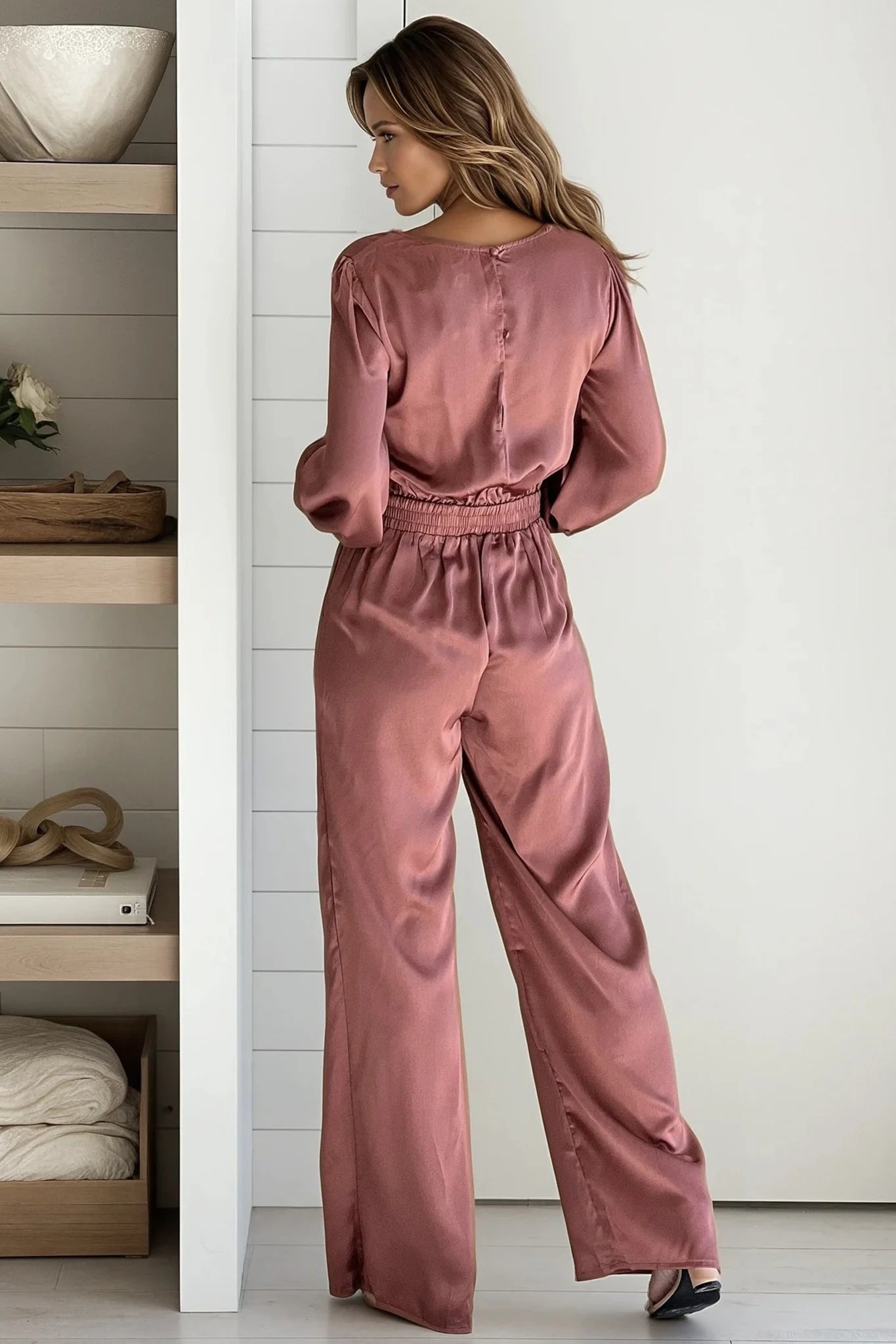 Mauve Satin Jumpsuit With Puff Sleeves